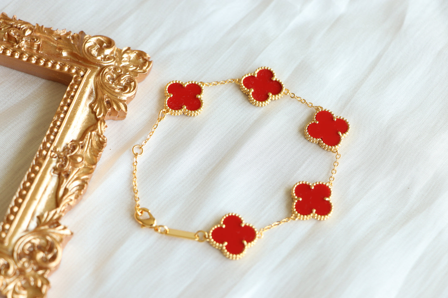 Luxury VCA Bracelet with 5 Multi RED Leaf Clover - High Quality 18k Gold Plated Statement Piece