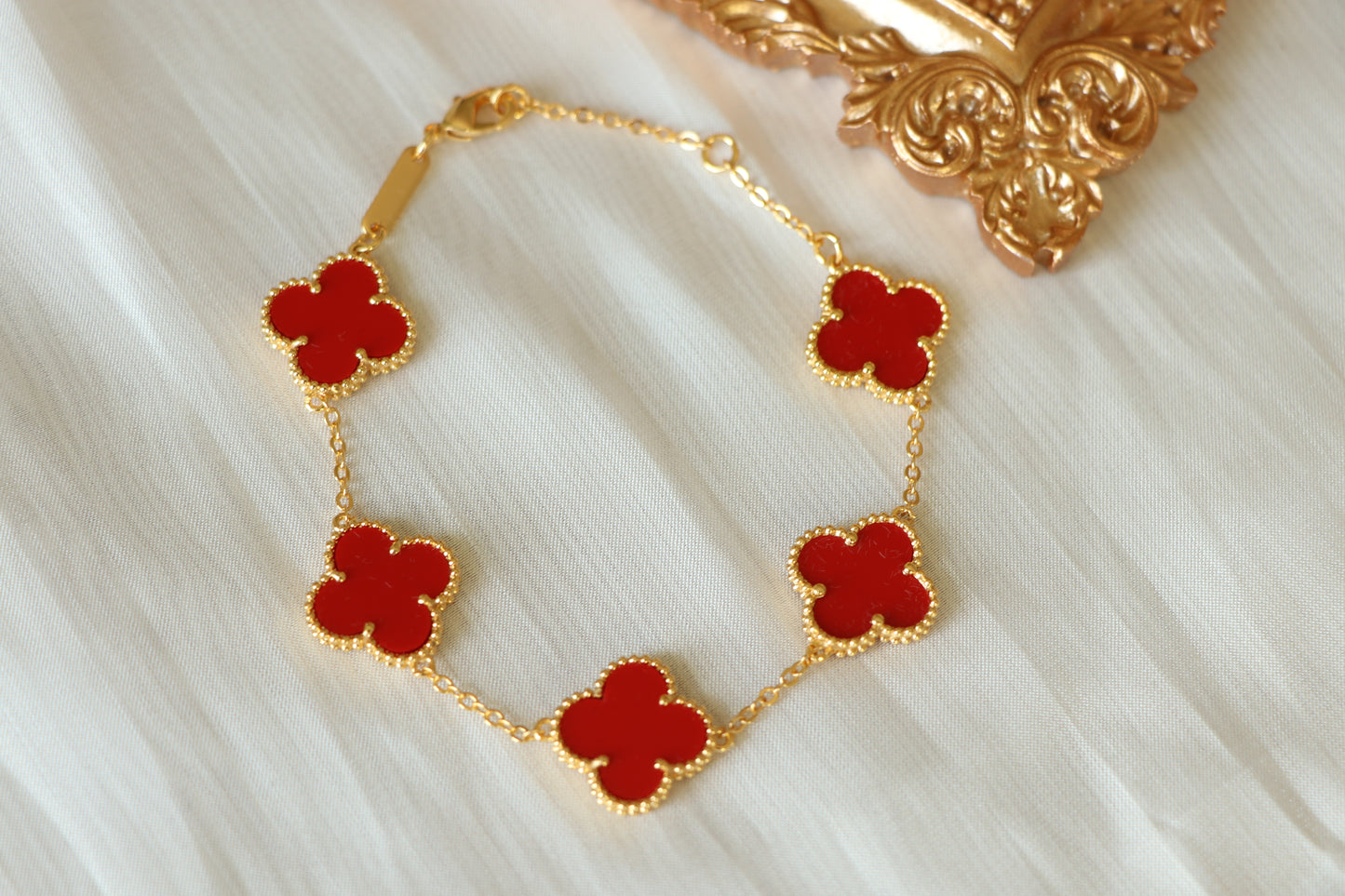 Luxury VCA Bracelet with 5 Multi RED Leaf Clover - High Quality 18k Gold Plated Statement Piece