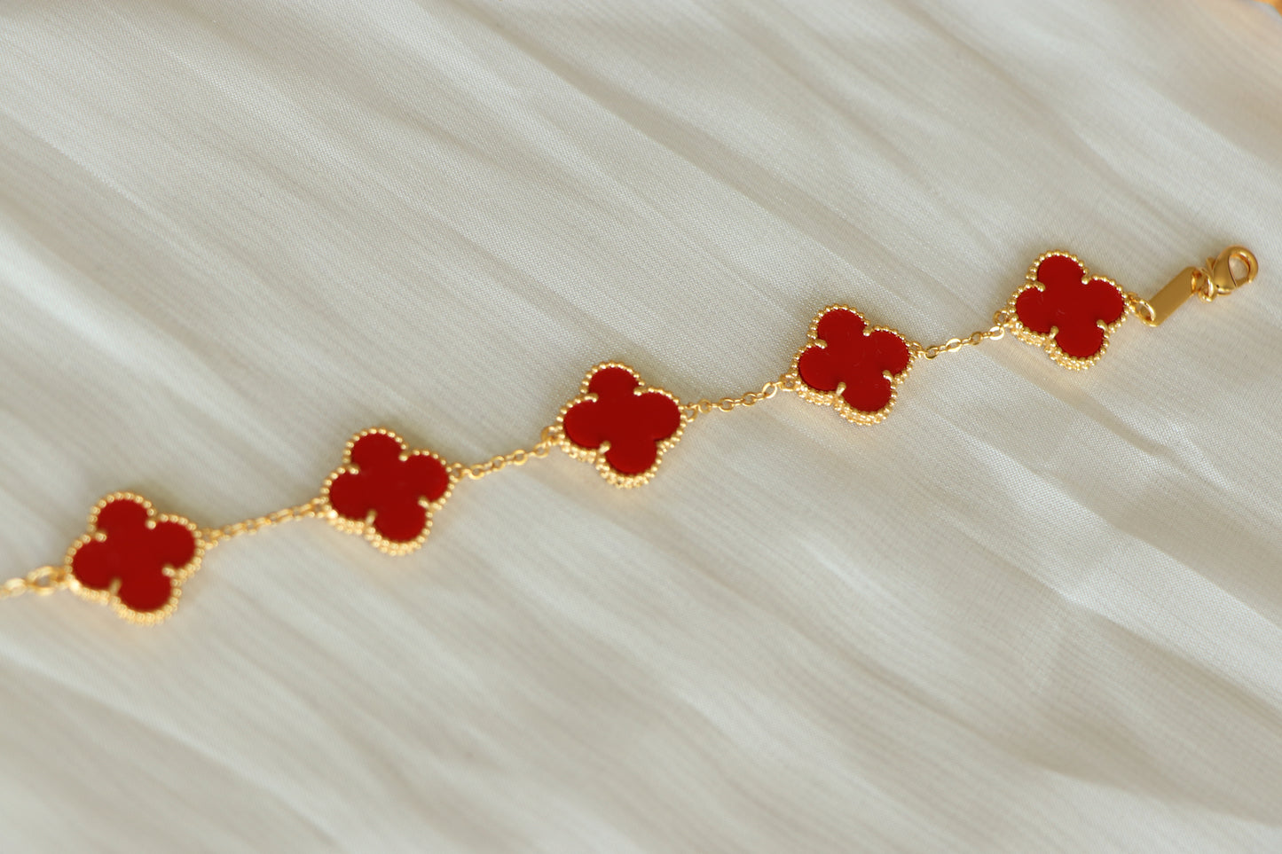 Luxury VCA Bracelet with 5 Multi RED Leaf Clover - High Quality 18k Gold Plated Statement Piece