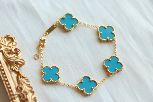 Luxury VCA Bracelet with 5 Multi Turquoise BLUE Leaf Clover - High Quality 18k Gold Plated Statement Piece