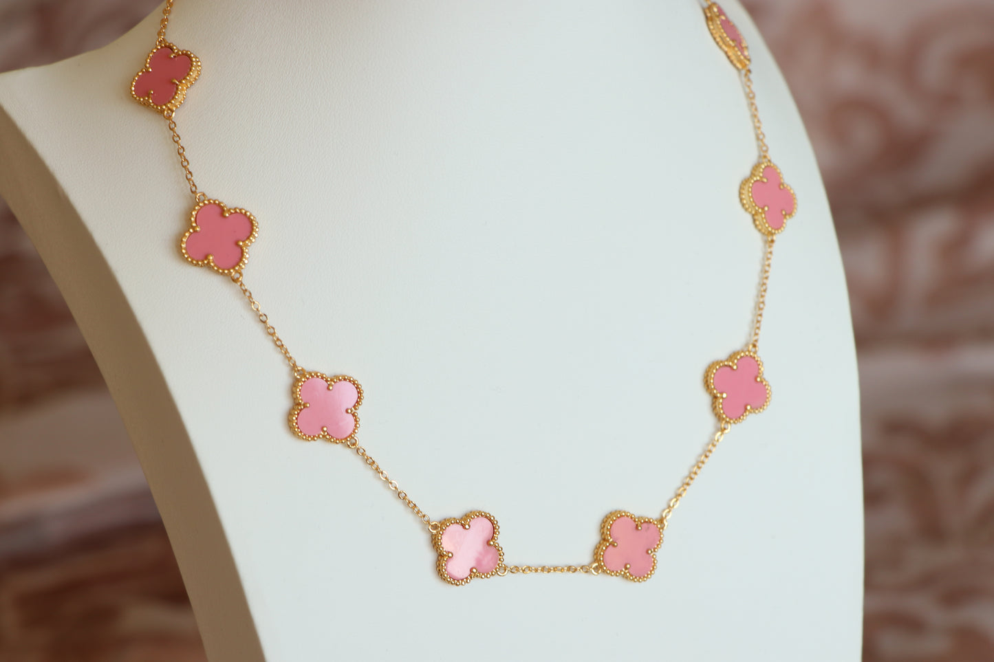 Luxury VCA Necklace with 10 Multi Rose Pink Leaf Clover - High Quality 18k Gold Plated Statement Piece