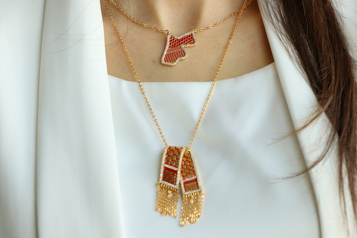 Luxury Golden Red Zircon JORDAN Country Map Gold & Red Colors - Pendant Necklace