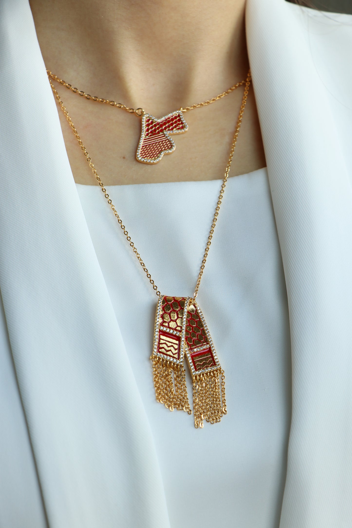 Luxury Golden Red Zircon JORDAN Country Map Gold & Red Colors - Pendant Necklace