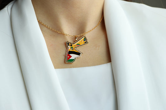 Luxury JORDAN Country Map with Jordanian FLAG BY Yellow Gold Colors - Pendant Necklace