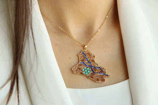 Luxury IRAQ Country Map with a distinctive design of the Tigris and Euphrates rivers - Pendant Necklace