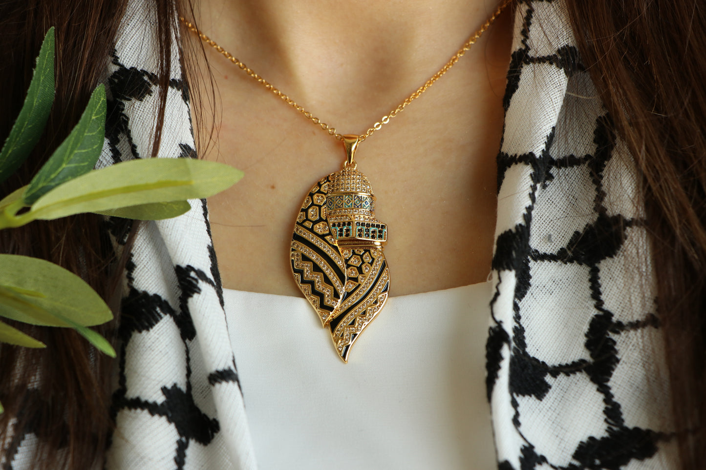 Luxury Golden Zircon Al-Quds Necklace -Pendant of the Al-Aqsa Mosque With Palestinian Keffiyeh Scarf -Necklace