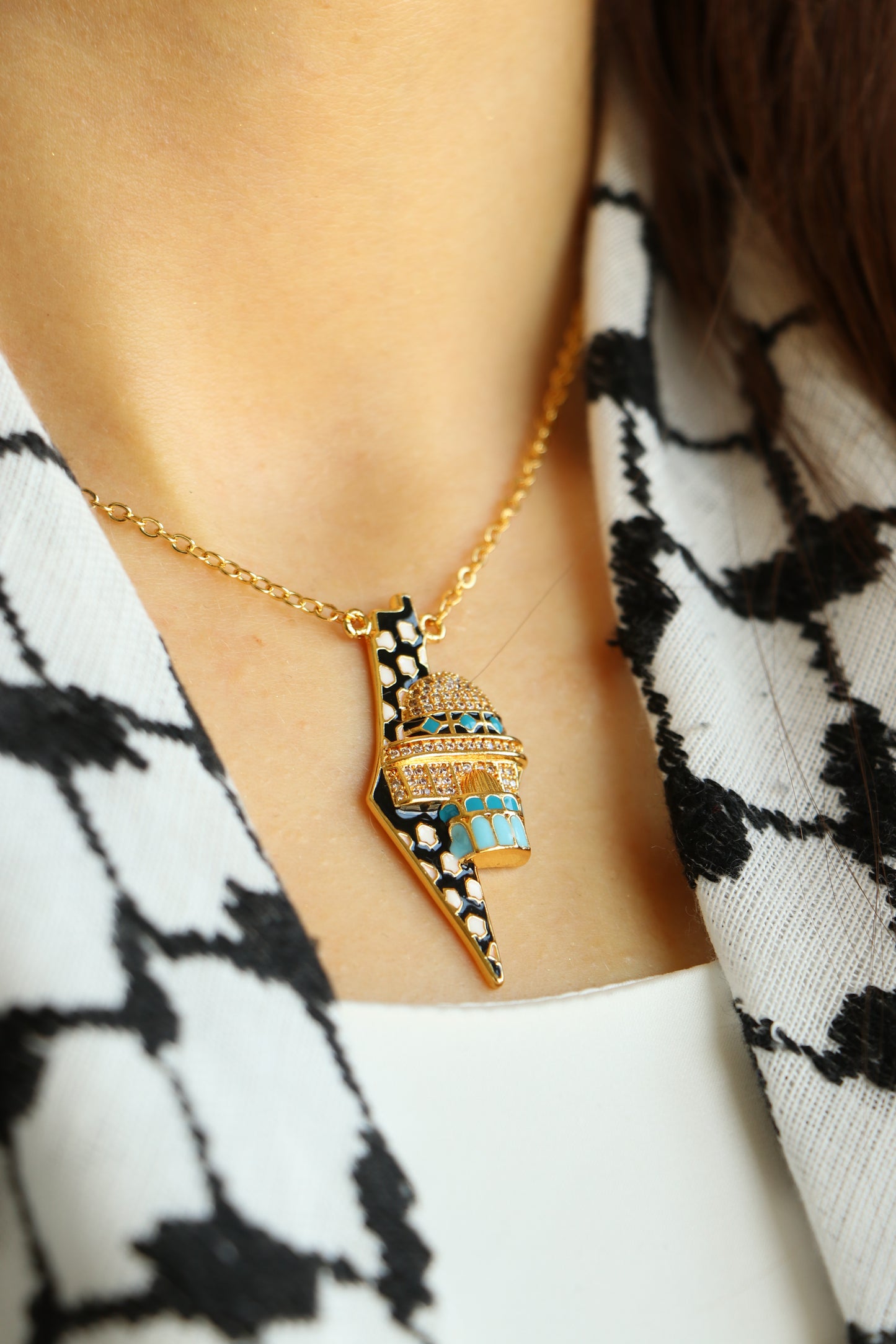 Luxury Golden Zircon Country Map and Al-Aqsa Mosque by Palestinian keffiyeh colors - Pendant Necklace