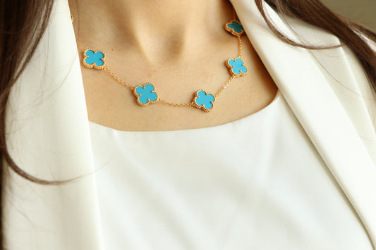 Luxury VCA Necklace with 10 Multi Turquoise Blue Leaf Clover - High Quality 18k Gold Plated Statement Piece