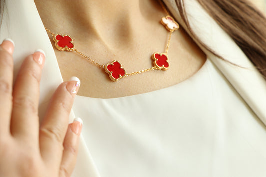 Luxury VCA Necklace with 10 Multi RED Leaf Clover - High Quality 18k Gold Plated Statement Piece