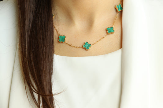 Dainty VCA Necklace + Earrings with 5 Multi GREEN Leaf Clover - High Quality Stainless Steel Statement Piece