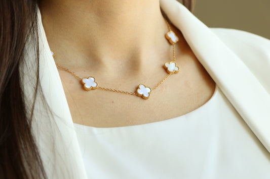 Dainty VCA Necklace + Earrings with 5 Multi MOTHER OF PEARL Leaf Clover - High Quality Stainless Steel Statement Piece