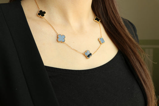 Luxury VCA Necklace with 7 Multi BLACK ONYX Leaf Clover - High Quality 18k Gold Plated Statement Piece