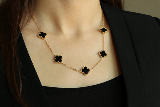 Dainty VCA Necklace + Earrings with 5 Multi BLACK ONYX Leaf Clover - High Quality Stainless Steel Statement Piece