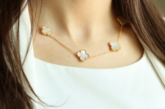 Luxury VCA Necklace with 7 Multi MOTHER OF PEARL Leaf Clover - High Quality 18k Gold Plated Statement Piece