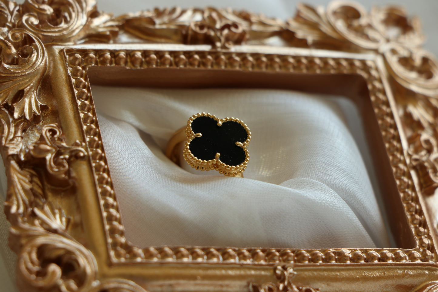 Luxury VCA RING - BLACK ONYX Leaf Clover Free Size Ring - Adjustable