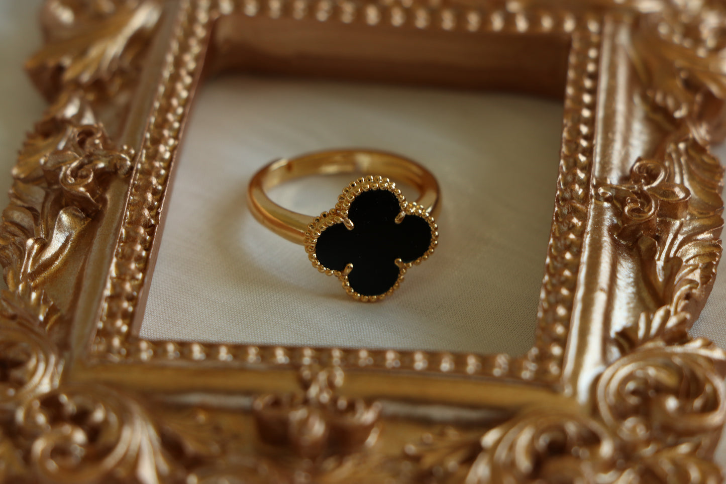 Luxury VCA RING - BLACK ONYX Leaf Clover Free Size Ring - Adjustable