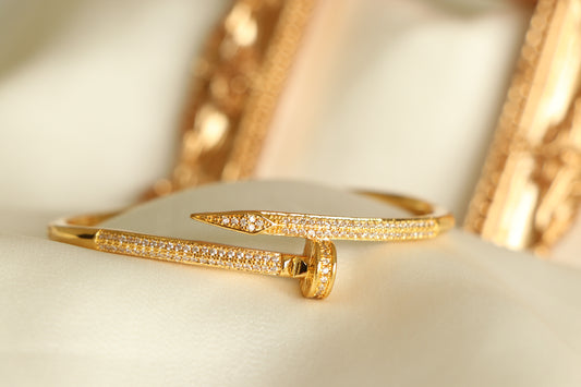 LUXURY Golden NAIL Bangle Bracelet Studded with Zircon Stones - High Quality 18k Gold Plated Statement Piece