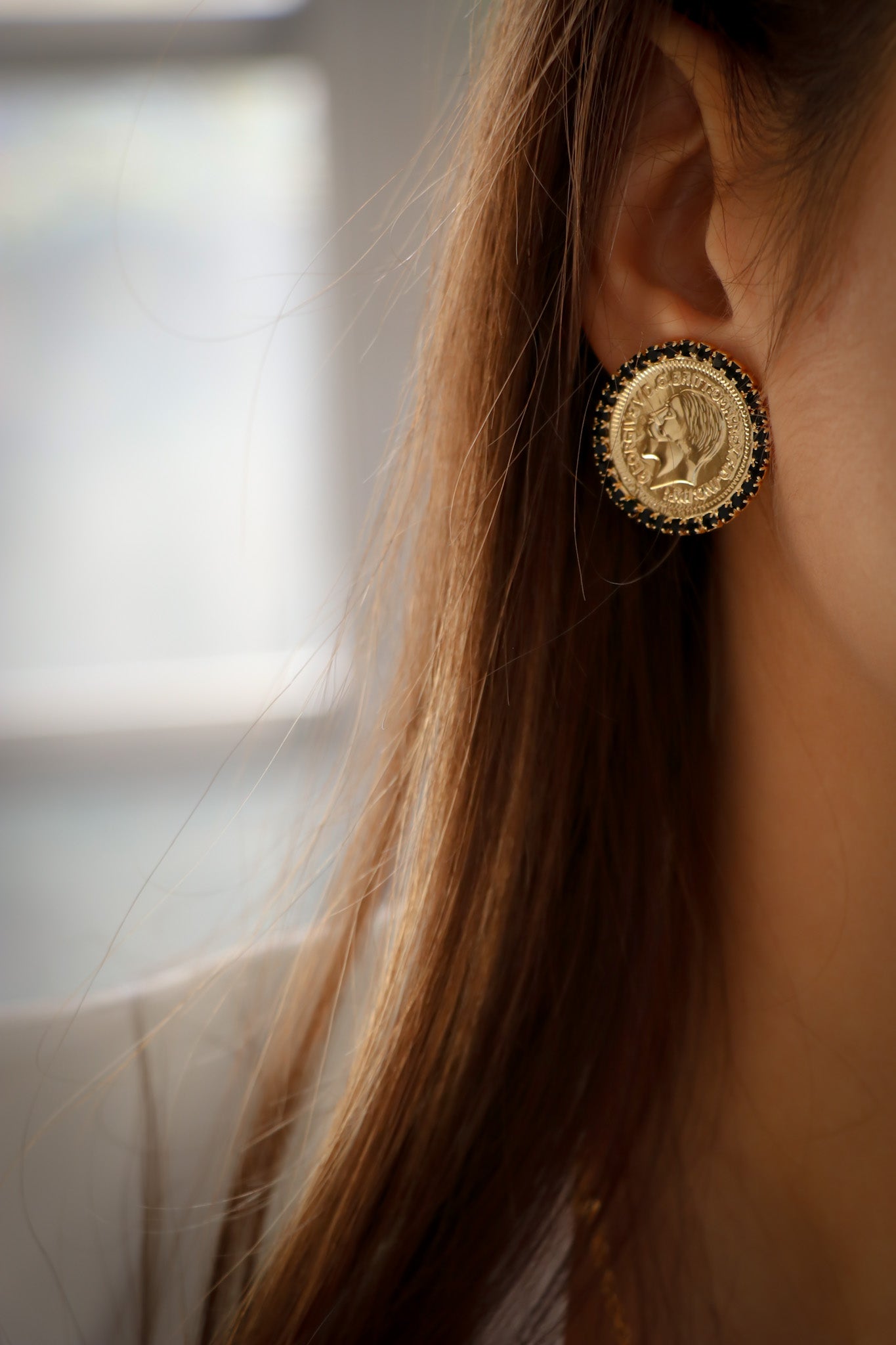 Luxury Trendy Turkish LYRA Coin Gold & Black Zircon Stud Earrings