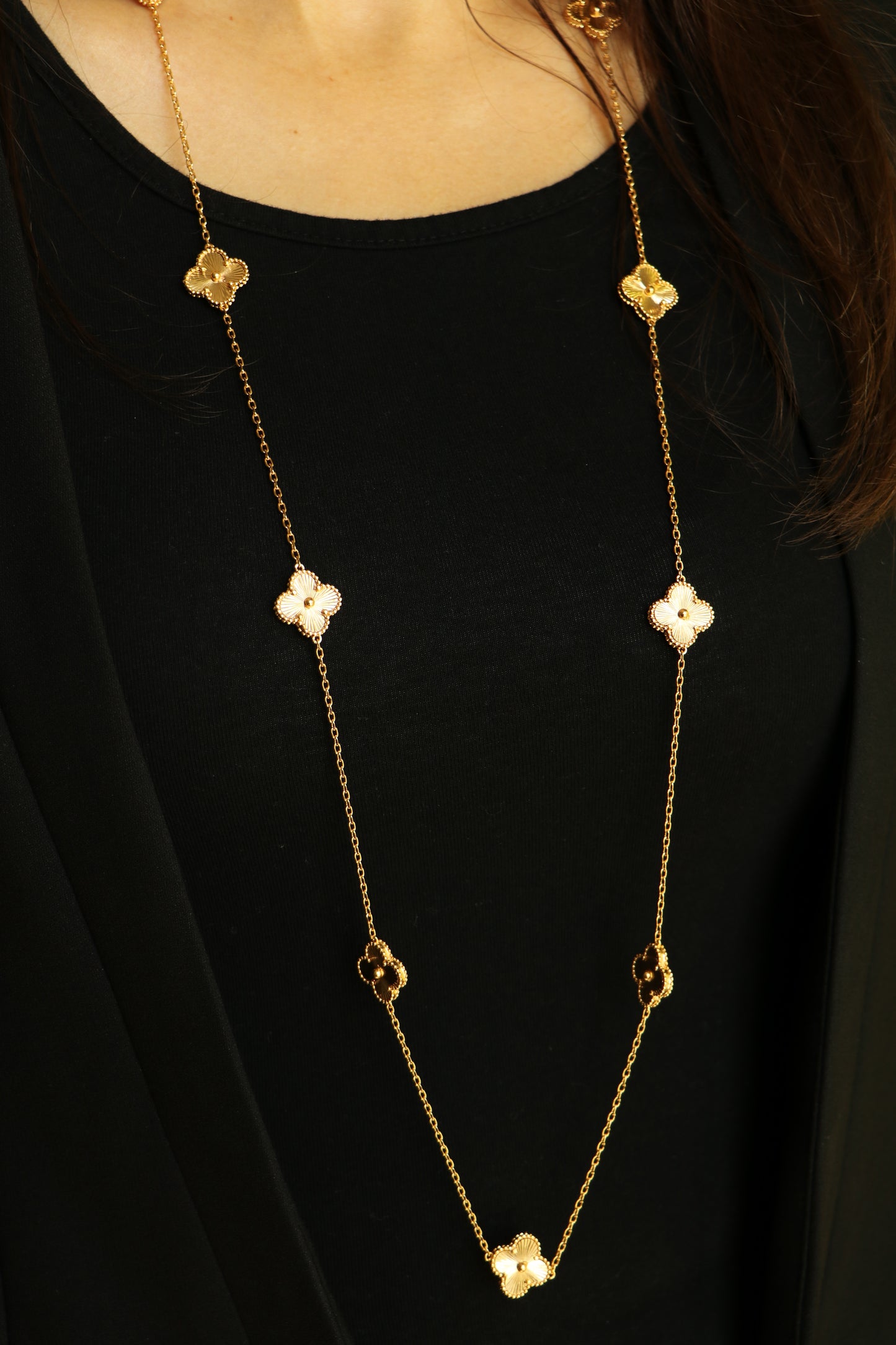 LONG Luxury VCA Necklace with 10 Multi YELLOW GOLD Leaf Clover