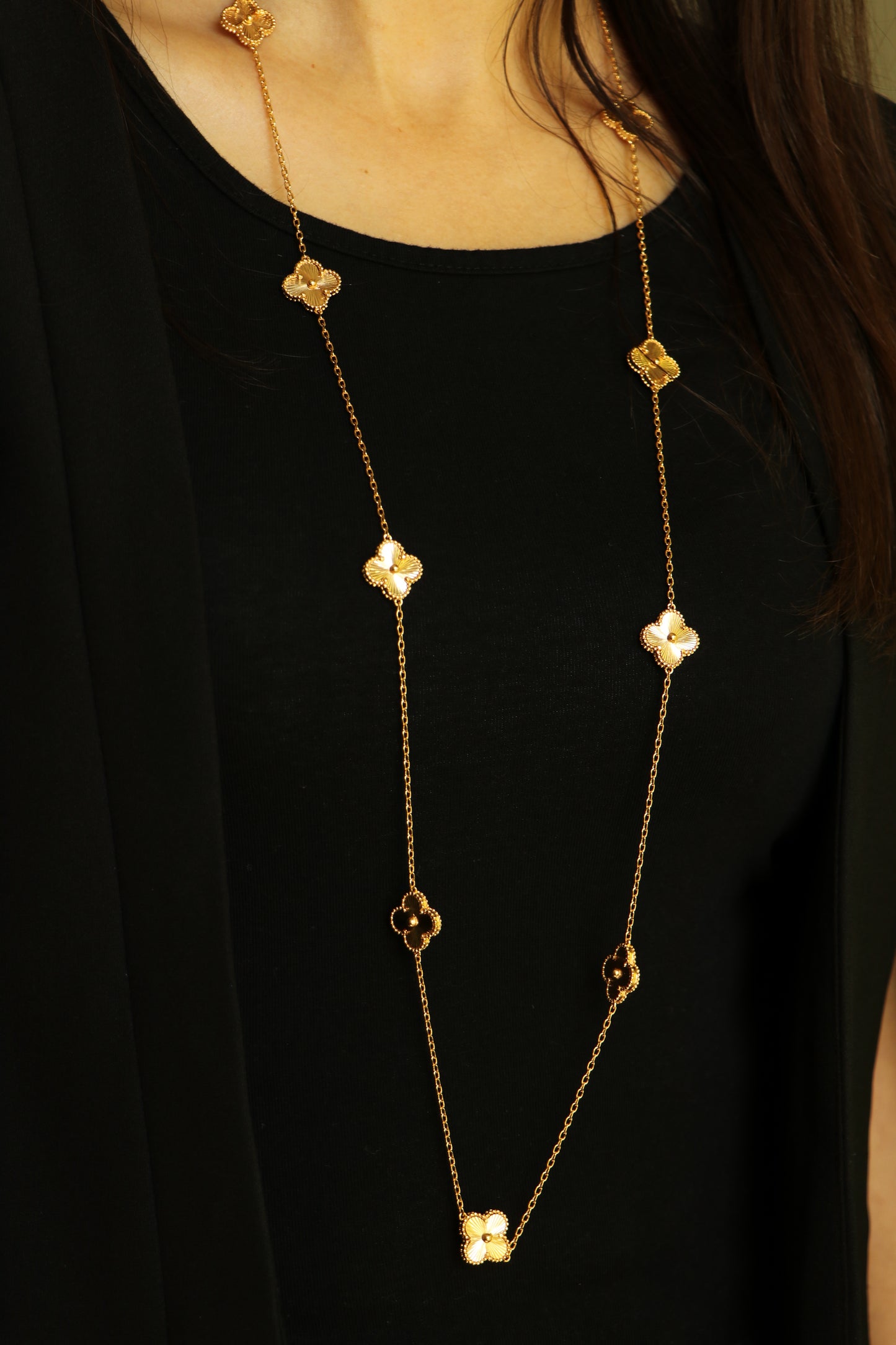 LONG Luxury VCA Necklace with 10 Multi YELLOW GOLD Leaf Clover