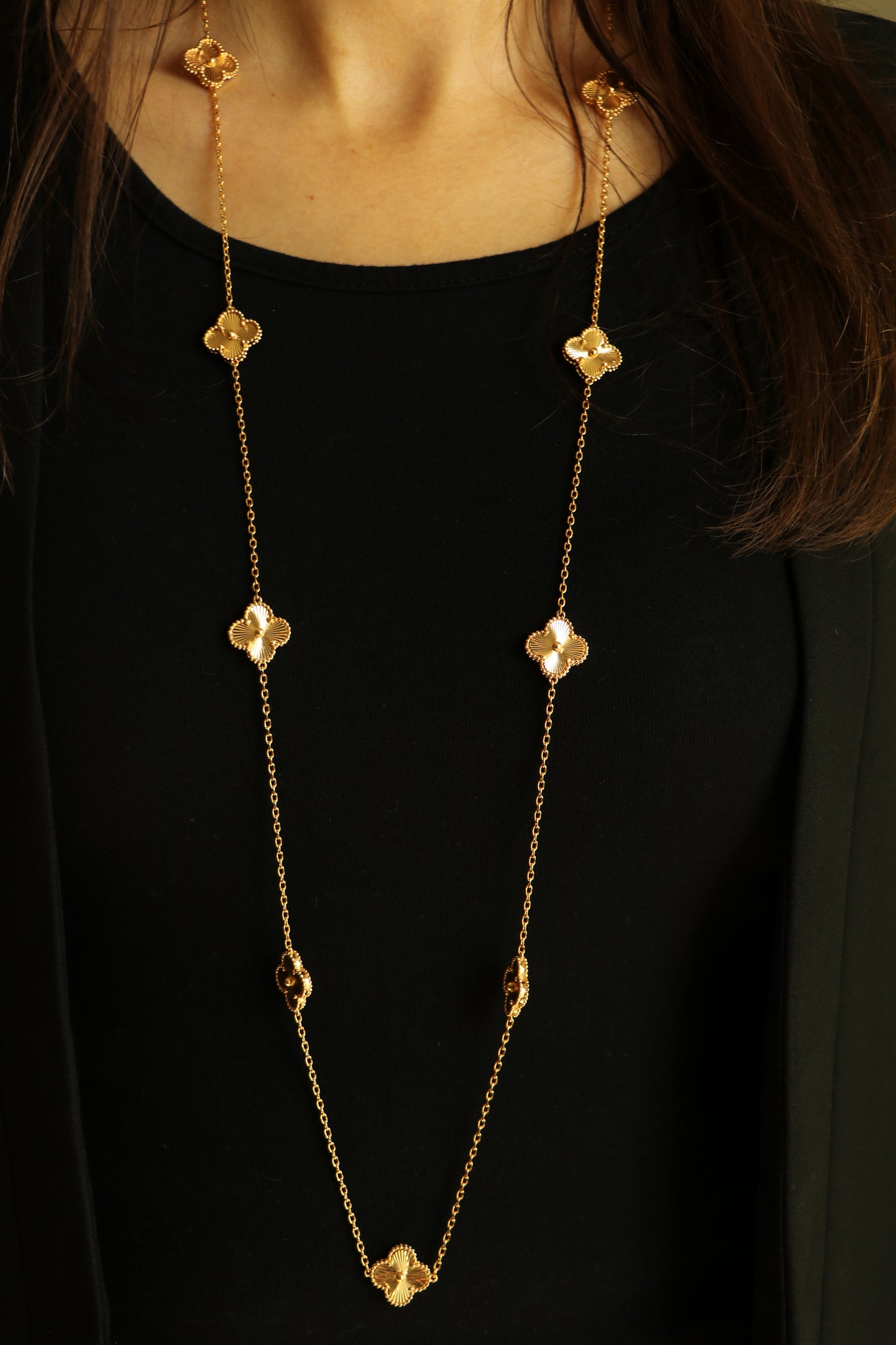 LONG Luxury VCA Necklace with 10 Multi YELLOW GOLD Leaf Clover