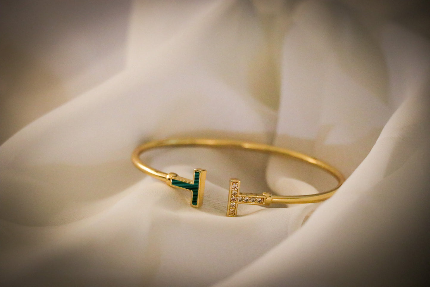 18k Gold Plated T- Wire Bangle in Zirconia Gold and Green or Black Pearl