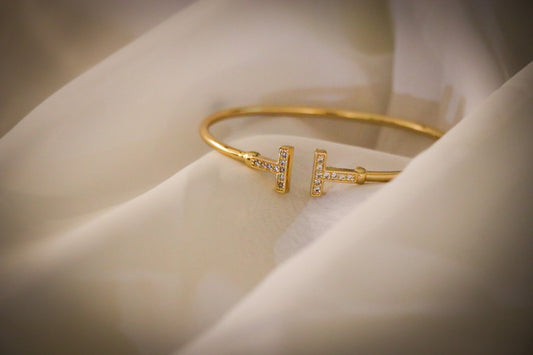 18k Gold Plated Tiffany T- Wire Bangle With Sparkling Zircon Square (Gold Or Silver)