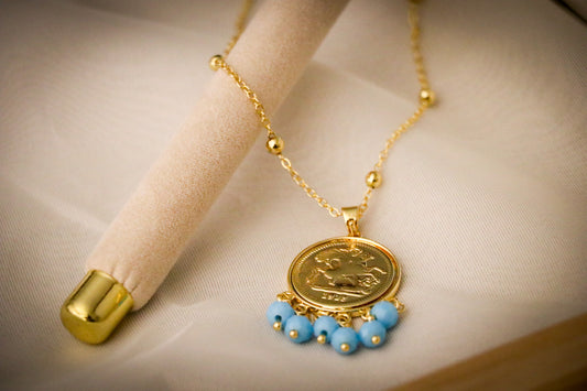 Circular Coin Gold And Fayrouzi Turquoise Beads Pendant Necklace