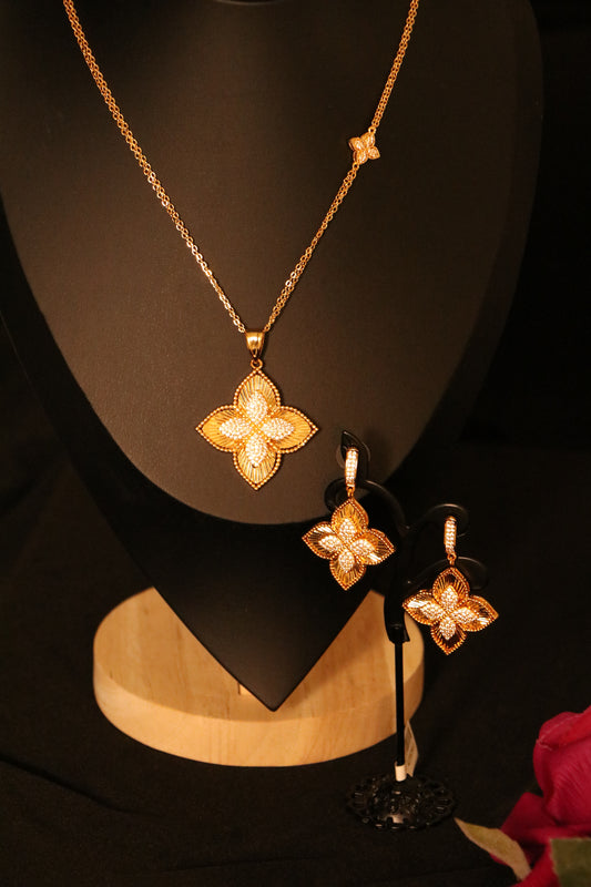 Luxury 21k Gold Plated Roberto Princess Golden Flower pendant Studed with Full Zircon ( Long Pendant chain Necklace + Earrings)
