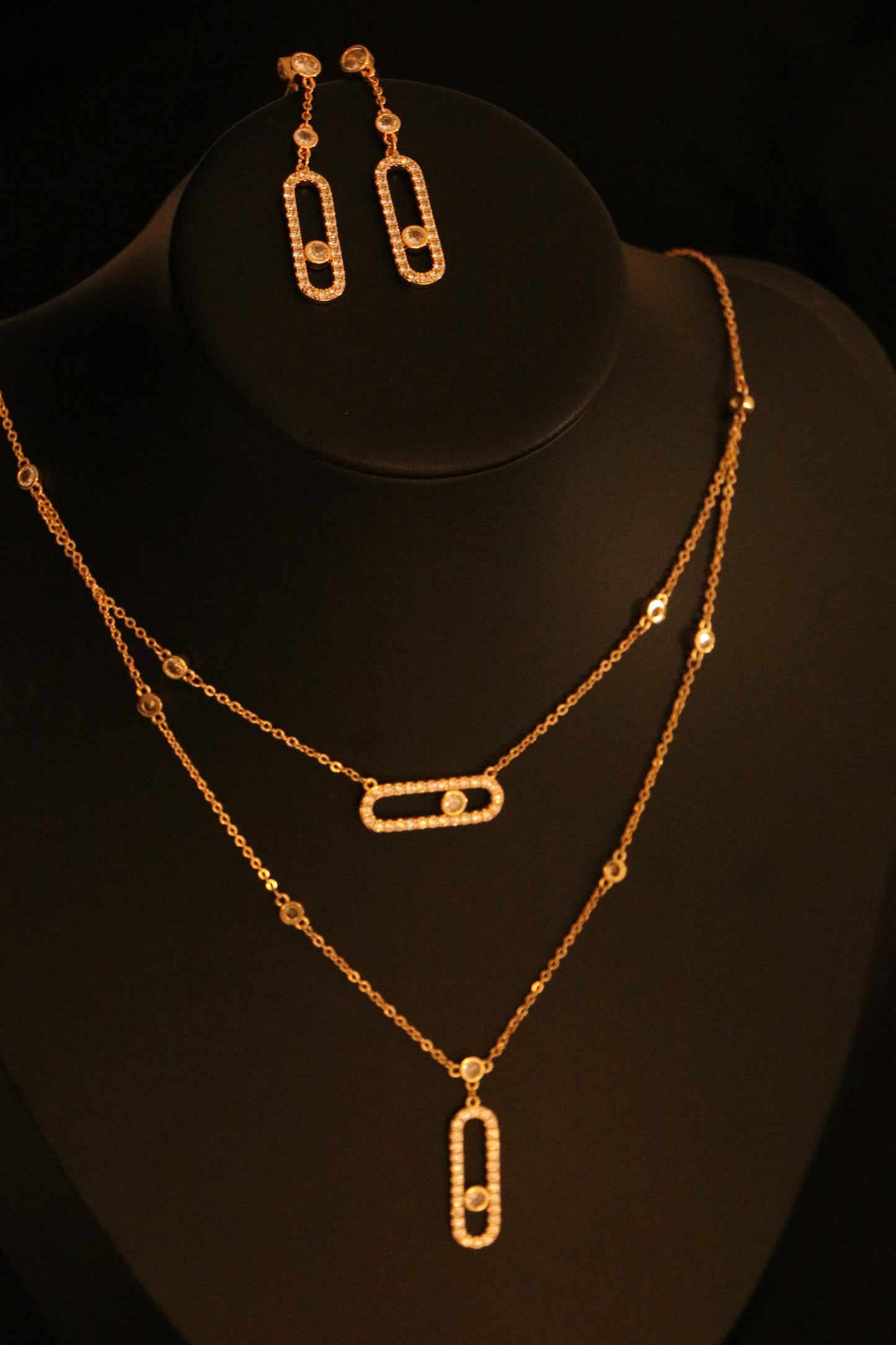 Iconic Messika Jewelry Set Studded with Full Zircon ( Double Layer Necklace + Earrings)
