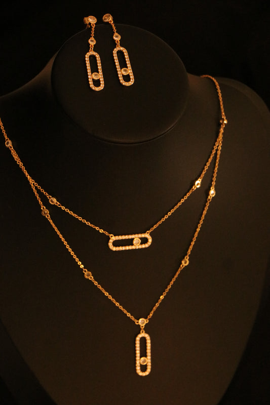 Iconic Messika Jewelry Set Studded with Full Zircon ( Double Layer Necklace + Earrings)
