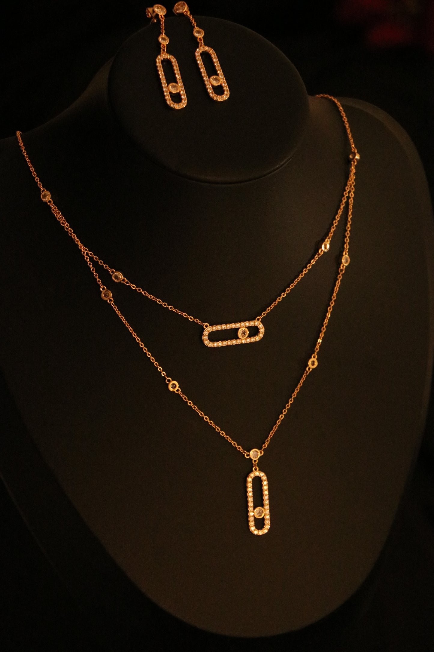 Iconic Messika Jewelry Set Studded with Full Zircon ( Double Layer Necklace + Earrings)