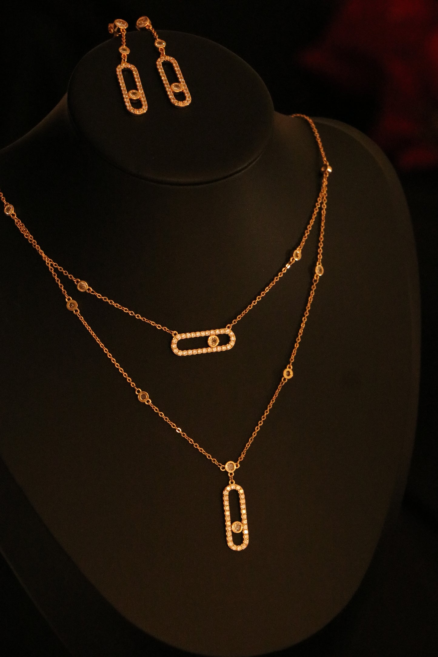 Iconic Messika Jewelry Set Studded with Full Zircon ( Double Layer Necklace + Earrings)