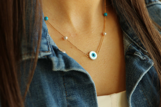 Evil Eye Fayrozi Necklace With Blue & Pearls Beads Necklaces