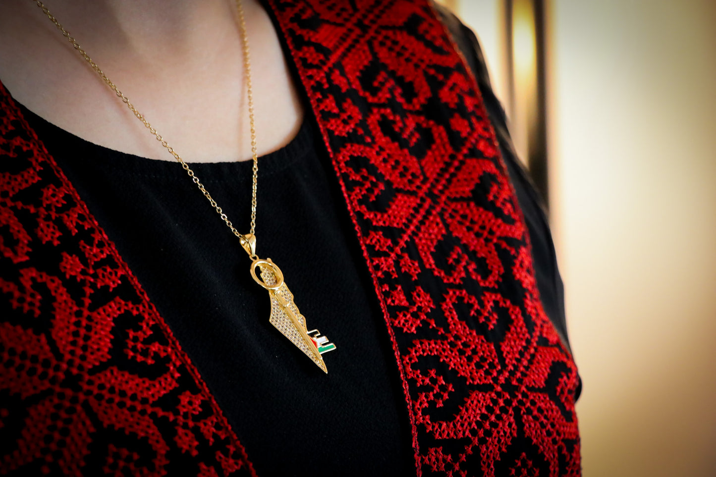 Zircon Country Map with Golden Return Key and Palestine flag Pendant Necklace