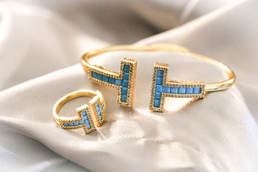 Luxury HALF SET- 18k Gold Plated T- Wide Wire Bracelet in Turquoise Fayrouzi Bluestones (Bangle + Ring)