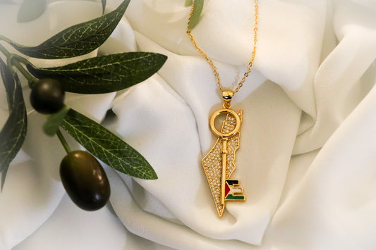 Zircon Country Map with Golden Return Key and Palestine flag Pendant Necklace