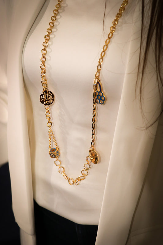 Luxury Shiny Gold Plated 18K  Multi-Medallion Long Chainlink Necklace