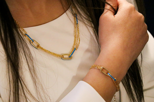 Luxury BUNDLE SET- Double Interlocking Paperclip Link chain Necklace & Bracelet in Yellow Gold with a Blue Turquoise Touch