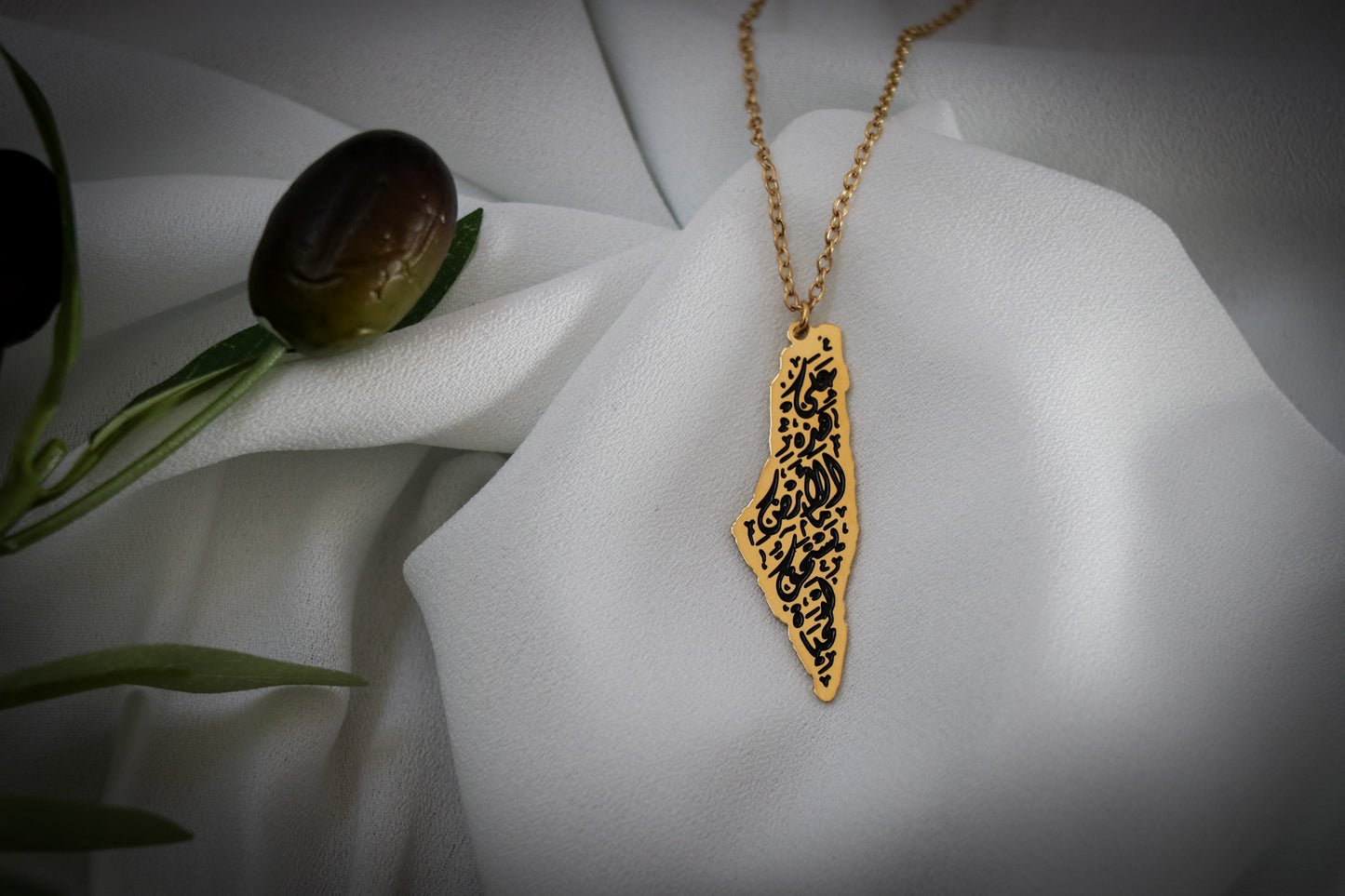 Country Map Necklace in Black Touch Written on it (On this earth there is that which deserves life) written In Arabic Calligraphy