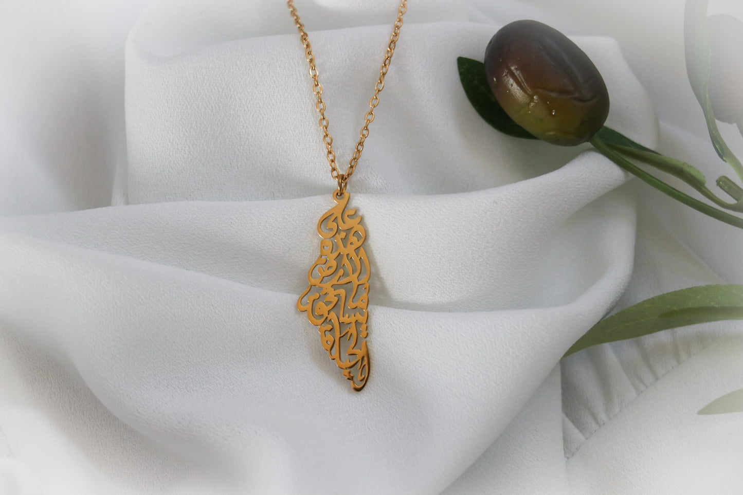 Golden Country Map Necklace Written on it (On this earth there is that which deserves life) written In Arabic Calligraphy