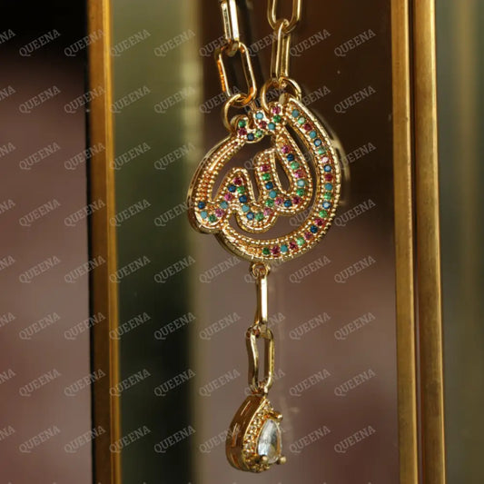 ’Allah’ Name Linkchain Necklace Studded With Colorful Crystals And Zircon Necklaces