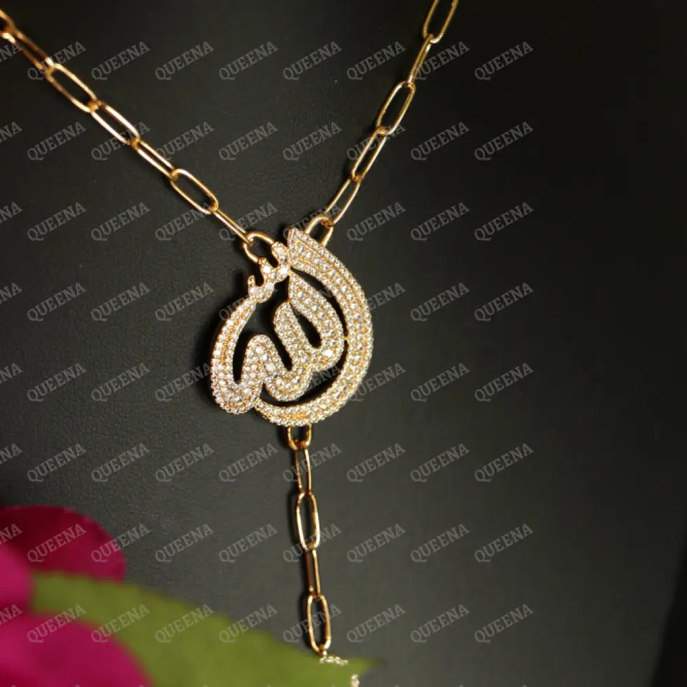 ’ALLAH’ Name Linkchain Necklace studded with White Crystals and Zircon Necklaces