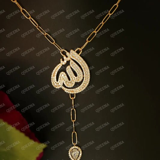 ’ALLAH’ Name Linkchain Necklace studded with White Crystals and Zircon Necklaces