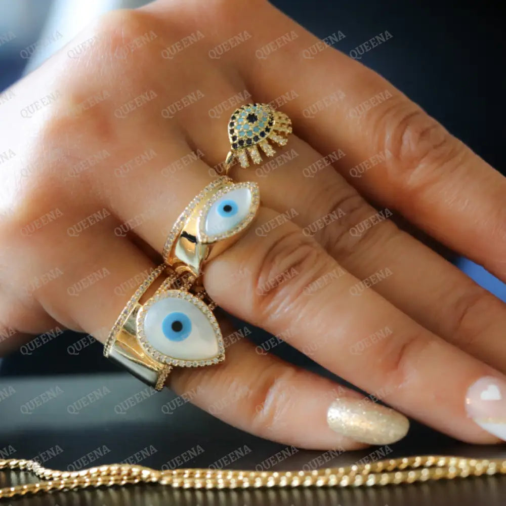 Almond Evil Eye Golden Crystal And Zircon Ring Rings