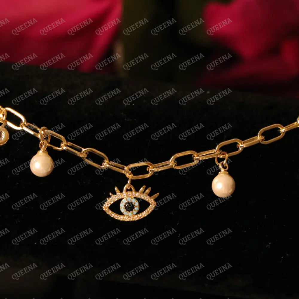Blue Eye with Pearls Chain Bracelet Bracelet