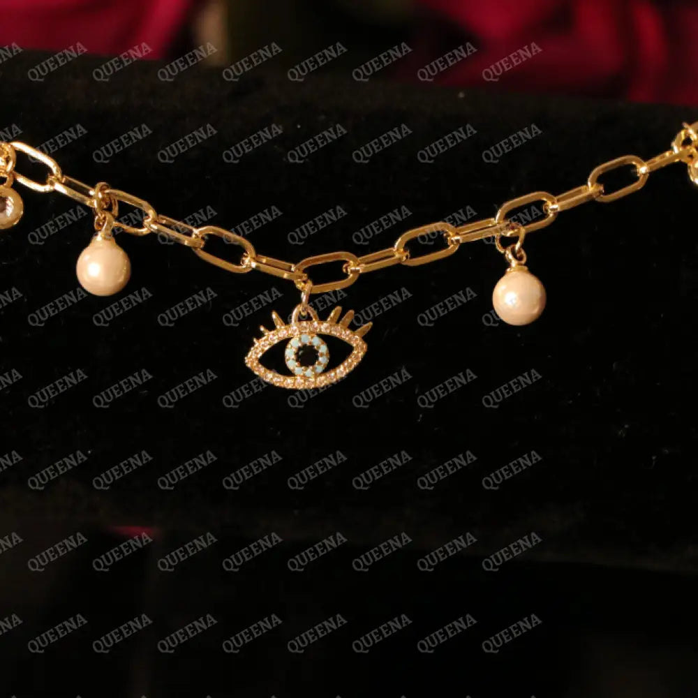 Blue Eye with Pearls Chain Bracelet Bracelet