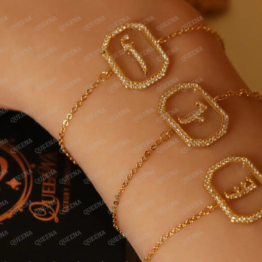Calligraphed Arabic Initial Bracelet Studded with Full Zircons Bracelet