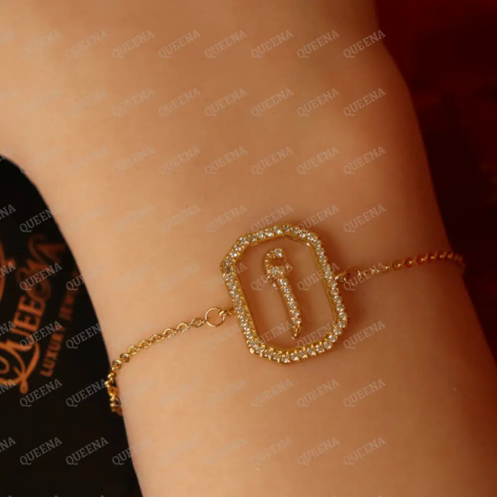 Calligraphed Arabic Initial Bracelet Studded with Full Zircons Bracelet