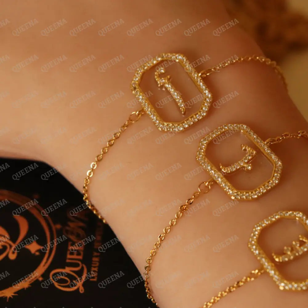 Calligraphed Arabic Initial Bracelet Studded with Full Zircons Bracelet